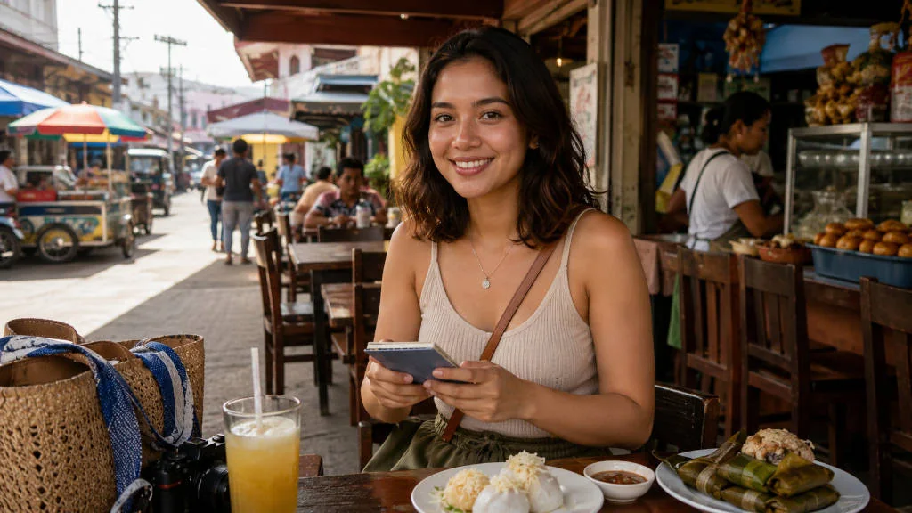 Traveler using Hiligaynon travel phrases in Iloilo and Bacolod.