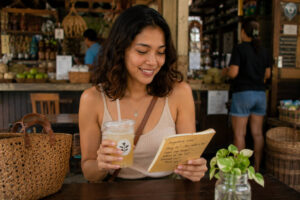 Mika practicing Hiligaynon travel phrases respectfully in a local café.