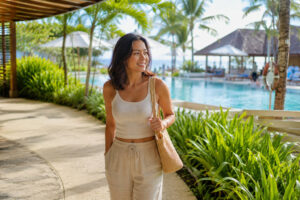 Mika Santos enjoying a shaded resort break while planning Mactan with kids