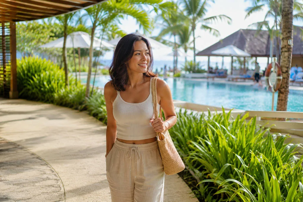Mika Santos enjoying a shaded resort break while planning Mactan with kids