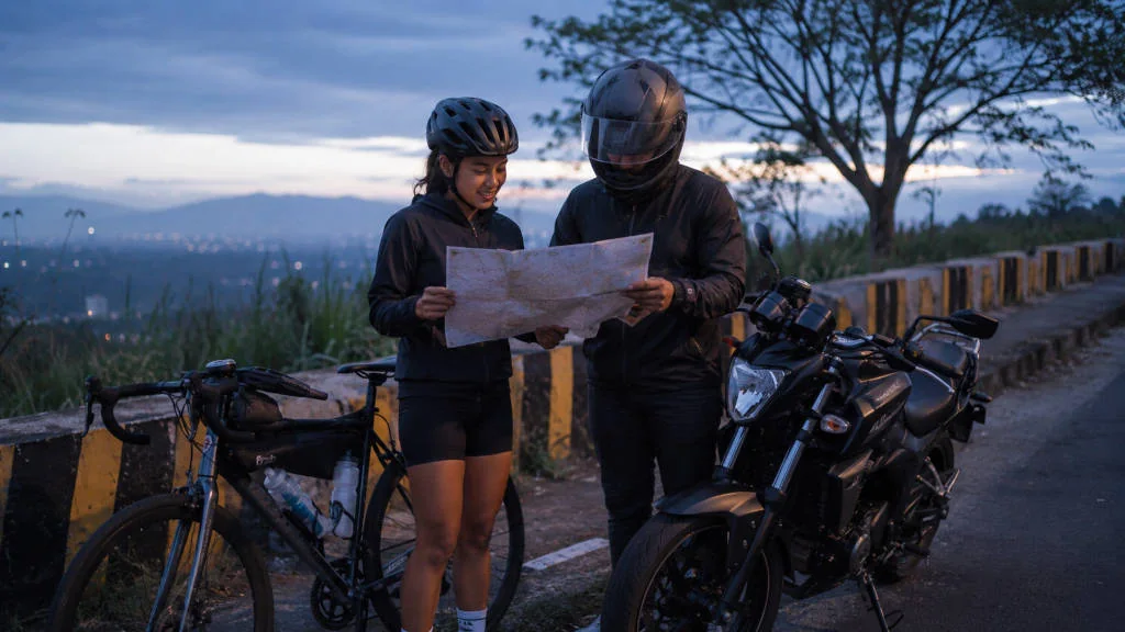 Cyclist and small motorcycle rider planning a manila to tagaytay no expressway route before departure
