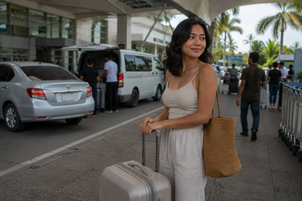 Mika smiling with luggage during a mactan cebu airport to mactan resorts arrival