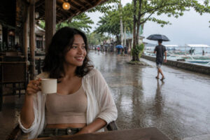 Mika smiling during a relaxed Moalboal rainy day afternoon
