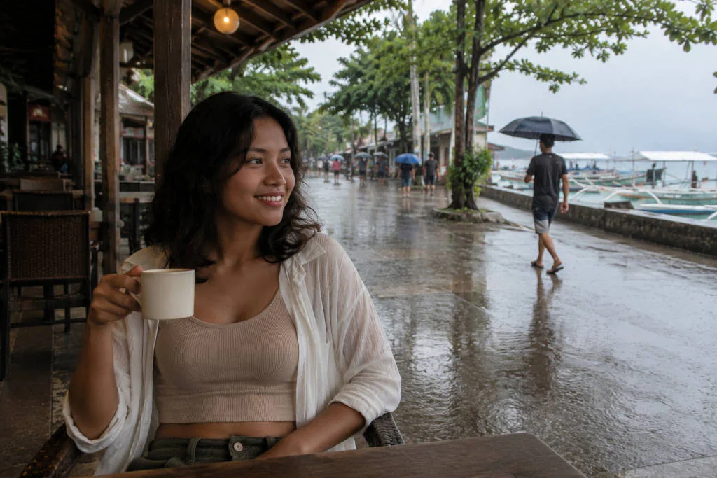 Mika smiling during a relaxed Moalboal rainy day afternoon