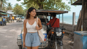 Mika smiling near a local transport pickup point for how to get around Moalboal