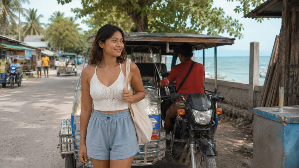 Mika smiling near a local transport pickup point for how to get around Moalboal