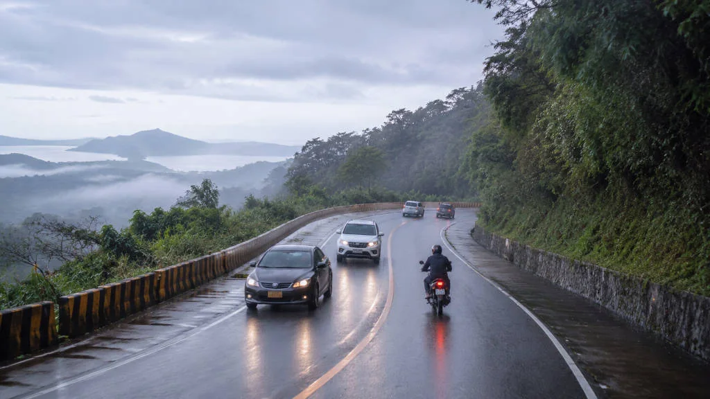 Misty Tagaytay ridge road showing visibility concerns on a manila to tagaytay no expressway route