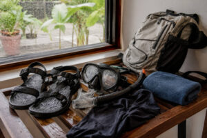 Wet snorkel gear drying during a Moalboal rainy day rest