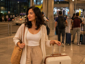 Mika smiling with luggage while preparing for a NAIA to BGC airport transfer