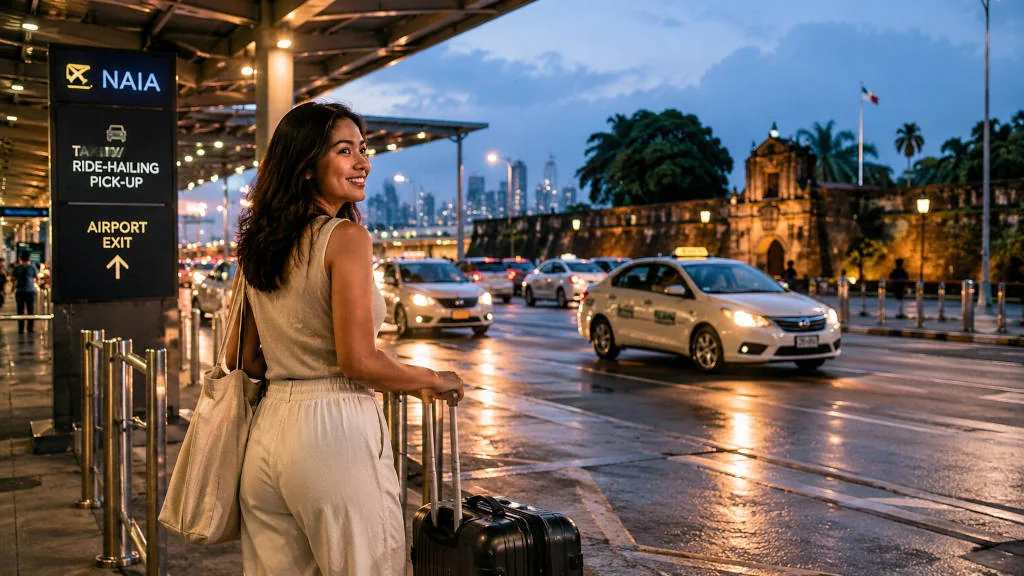 First-time traveler preparing for a NAIA to Intramuros transfer with luggage