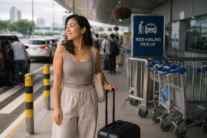 Mika with luggage showing a calm NAIA to Makati first-arrival transfer mood