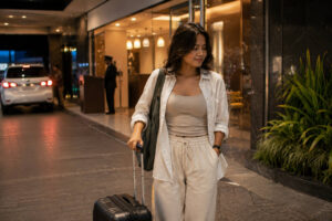 Traveler arriving at a Pasay hotel from NAIA to Pasay with luggage
