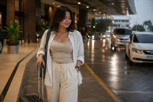 Mika with luggage after arriving in Manila and preparing for a NAIA to Pasay transfer