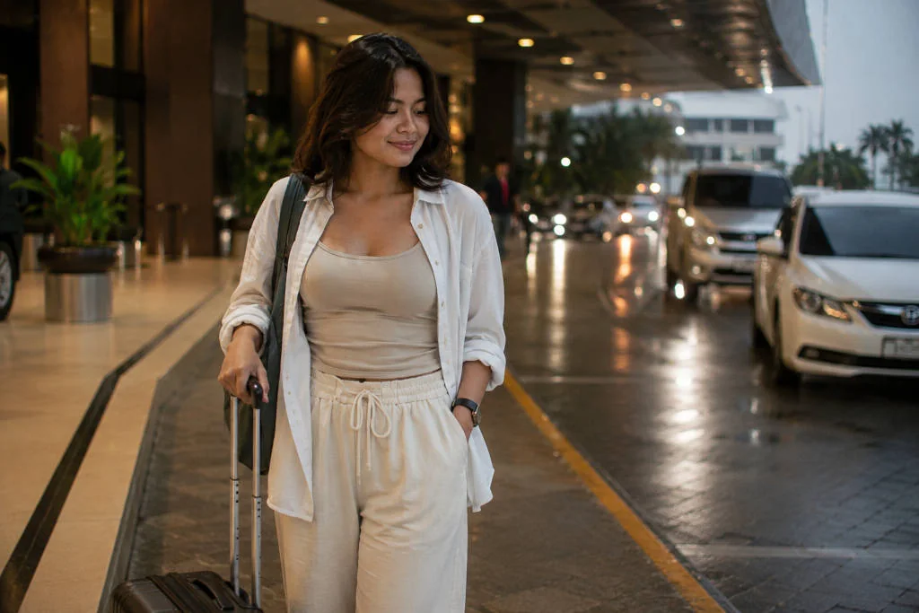 Mika with luggage after arriving in Manila and preparing for a NAIA to Pasay transfer