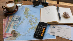 Philippines budget travel report planning table with map pesos and travel notes