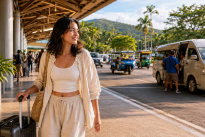 Traveler choosing Puerto Princesa Airport to city center transport at the arrival curb
