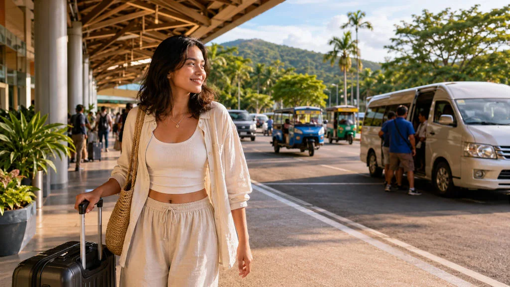 Traveler choosing Puerto Princesa Airport to city center transport at the arrival curb